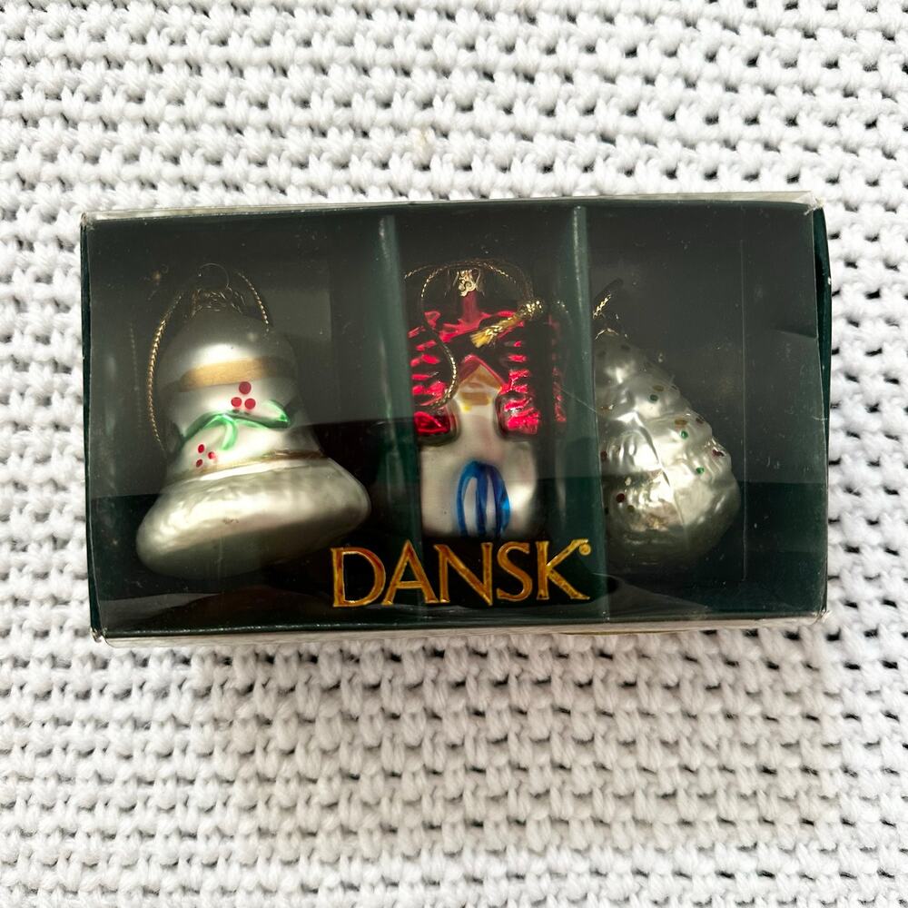 Dansk Vintage 3 Piece Glass Miniature Ornament Set Bell House Tree In Box